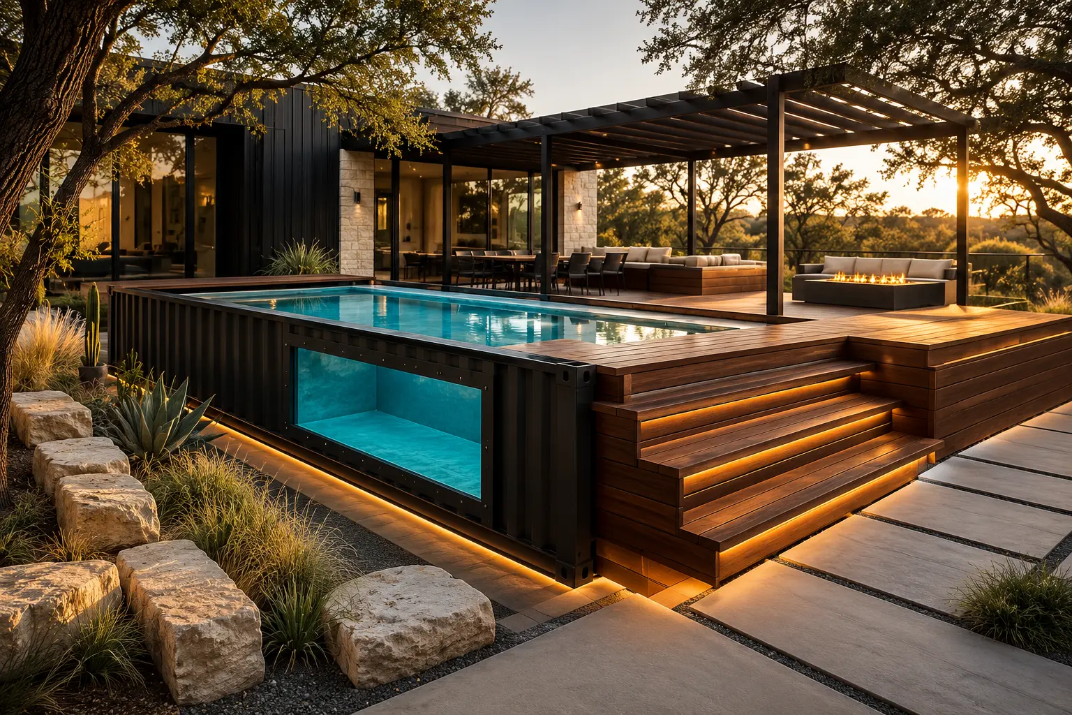 Shipping container swimming pool installed in Dallas, TX with matte black exterior, glass viewing window, limestone patio