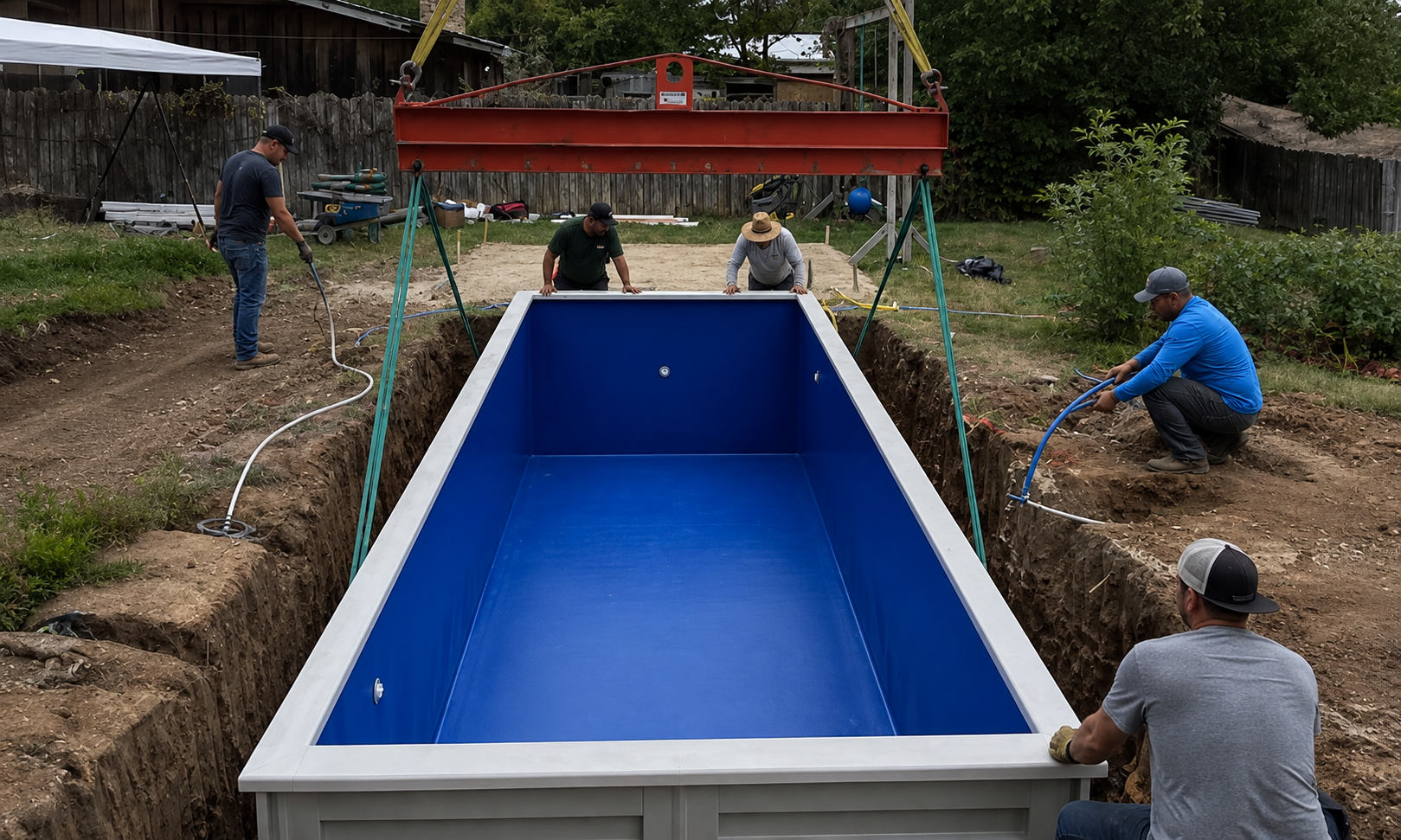 Crew lowering a finished container pool into an excavated backyard site with a crane lift