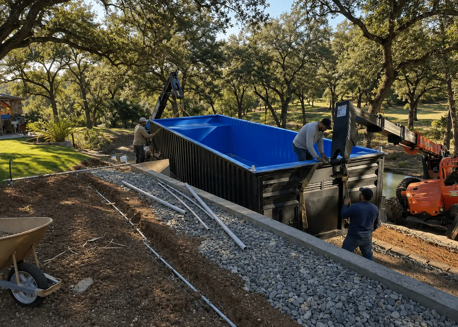 Installation crew setting a blue container pool shell with a telescopic lift in a Texas backyard
