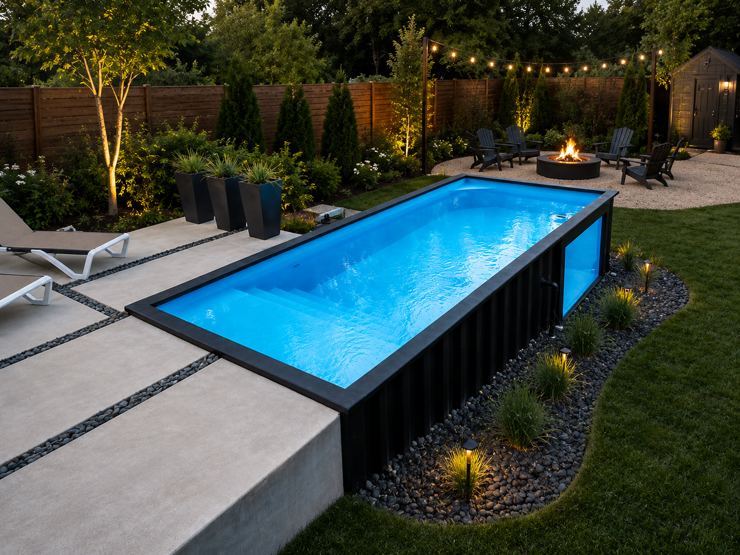 Shipping container pool installation in a Texas backyard