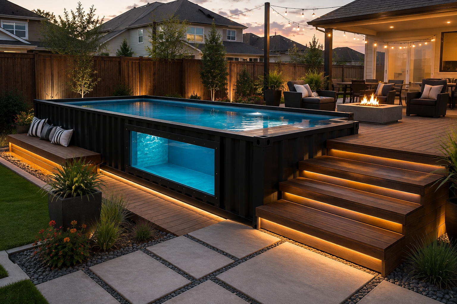 Shipping container swimming pool installed in Dallas, TX with cedar deck surround, swim jets, saltwater system