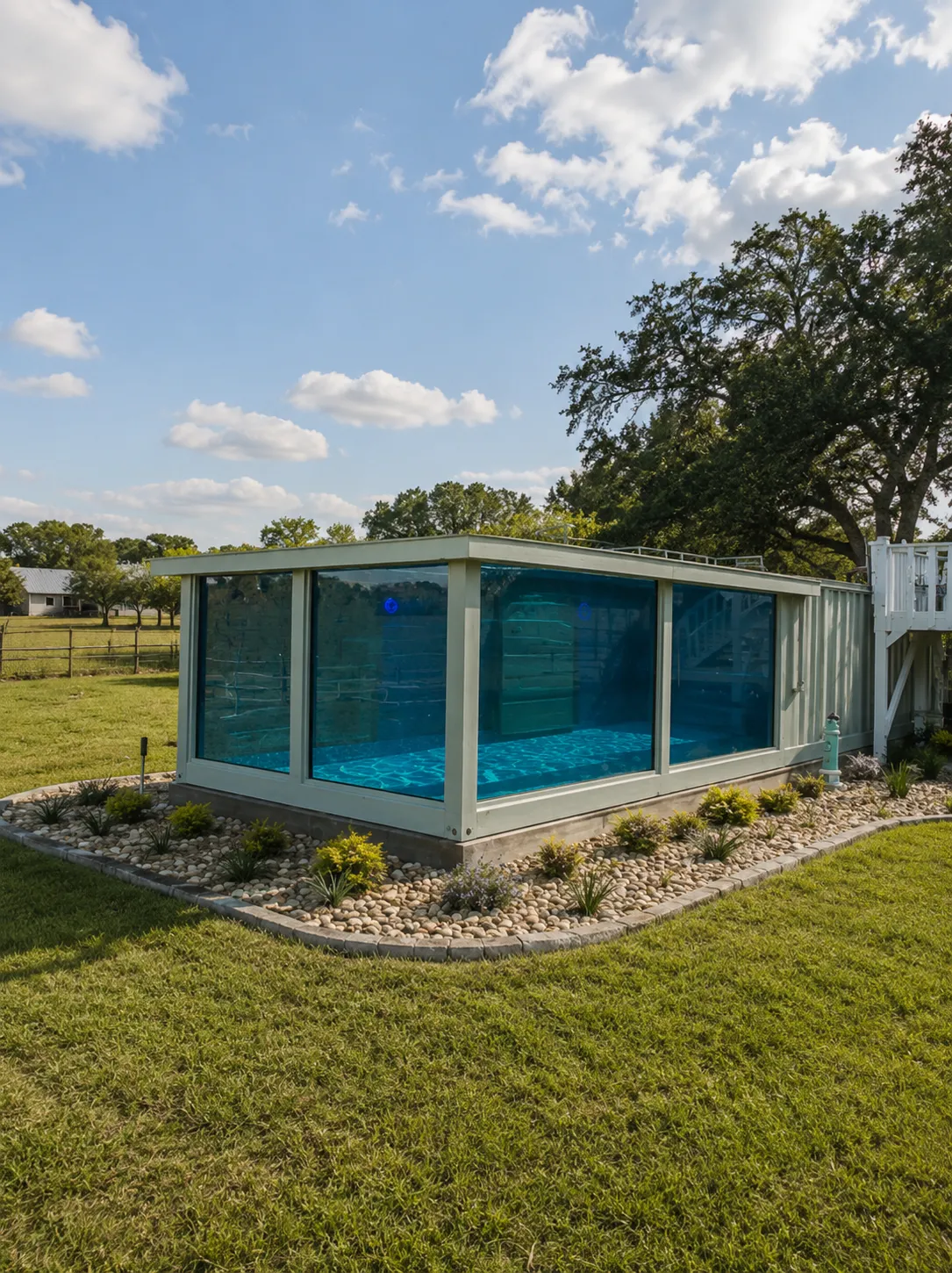 Sage green container pool with full-length glass viewing walls set on a landscaped Texas lawn