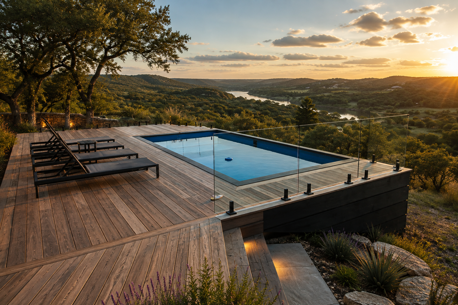 Shipping container swimming pool installed in Austin, TX with engineered pier foundation, cantilevered deck, swim jets