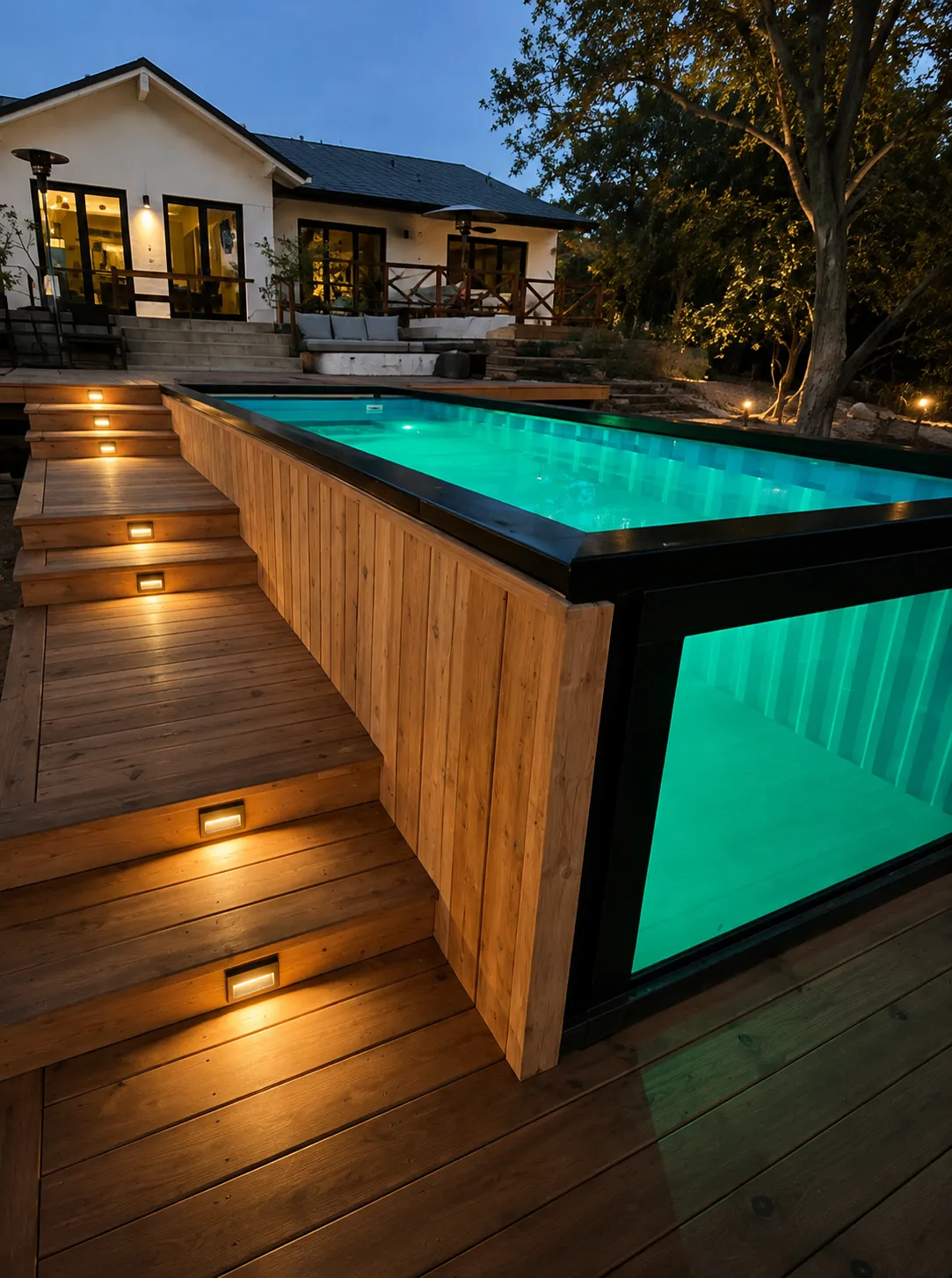 Wood-clad container pool with glass viewing window and illuminated deck steps at dusk