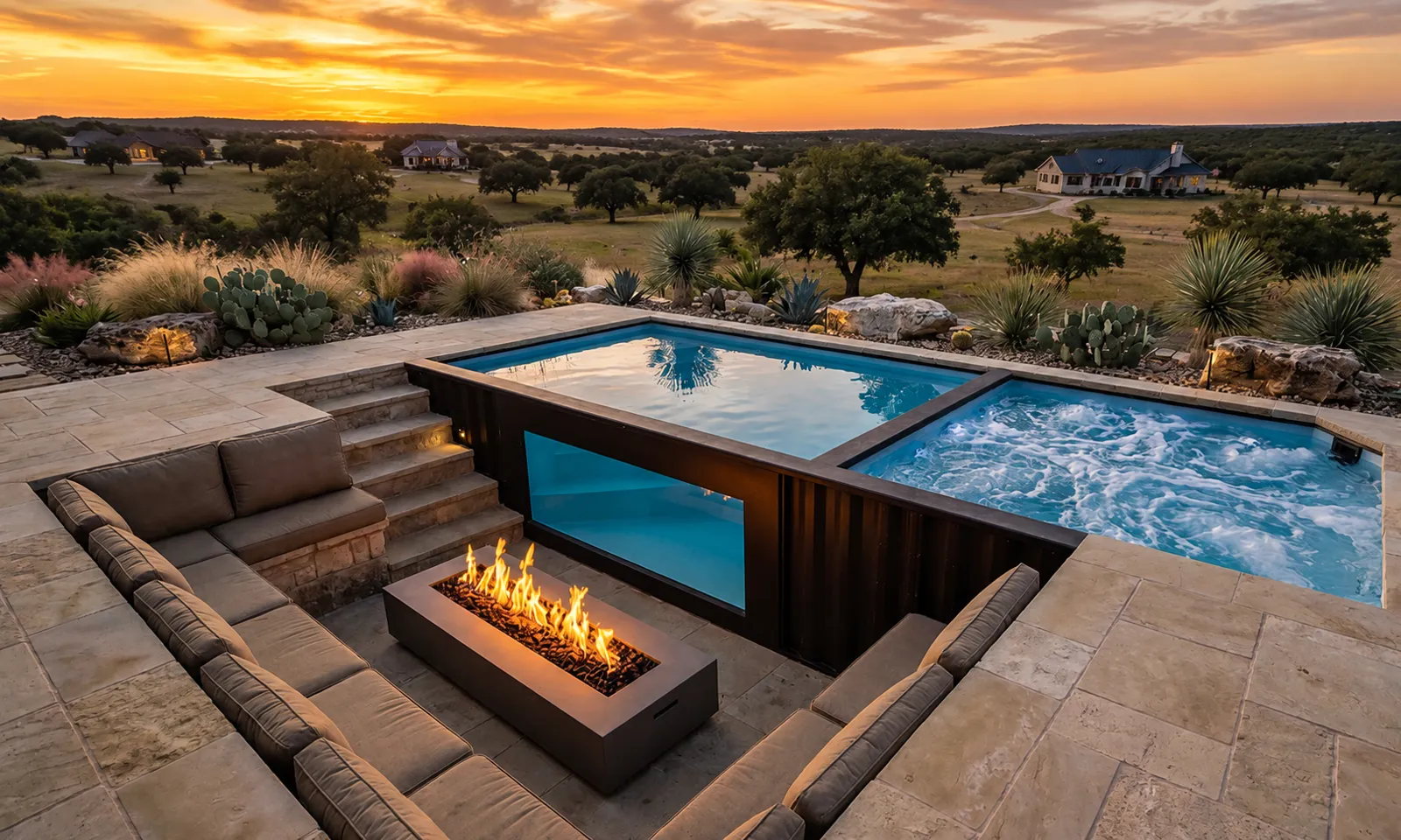 L-shaped container pool with raised spa and glass viewing window beside a fire pit lounge overlooking Texas ranch land at sunset