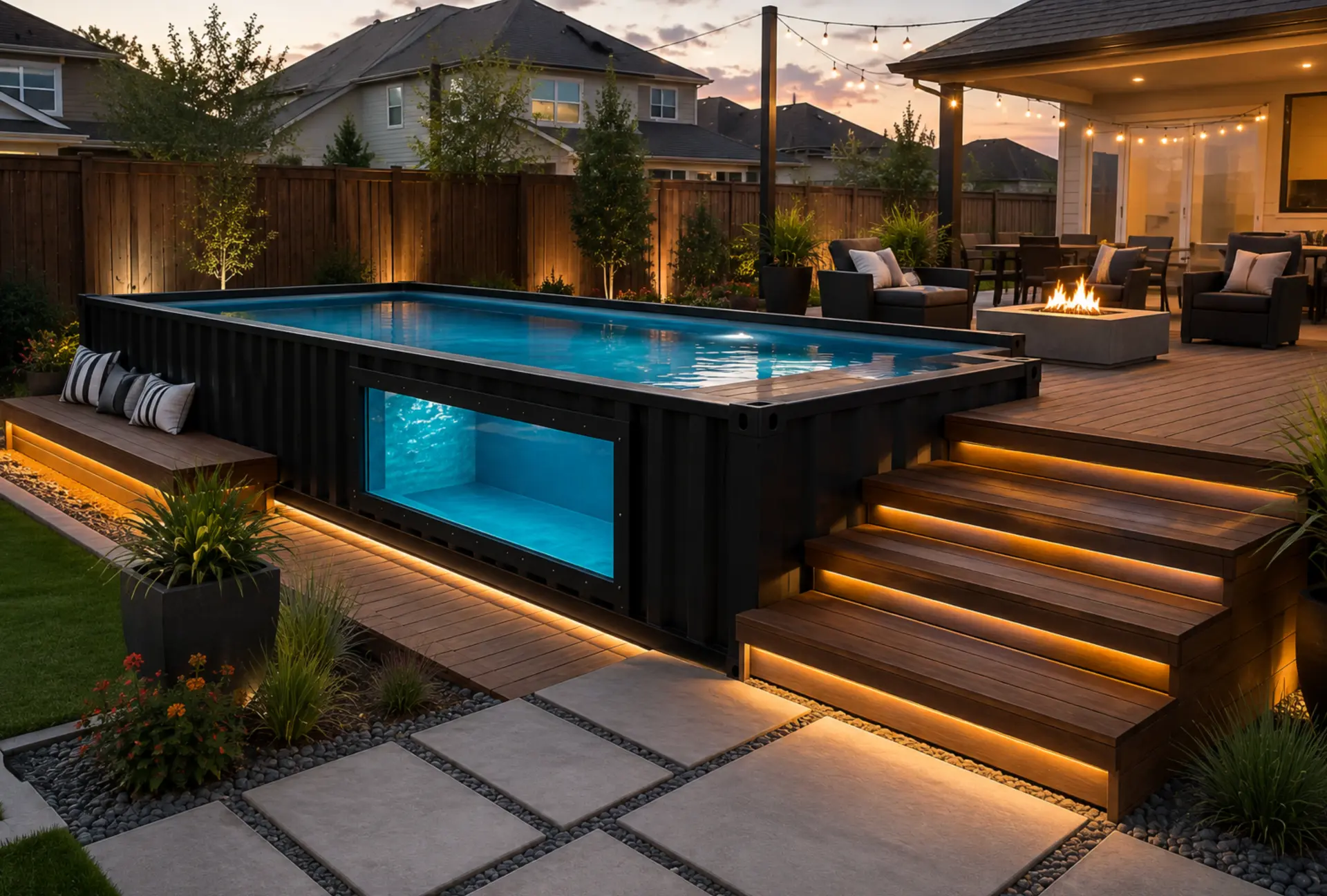 Black container pool with a glass viewing window beside a hardwood deck, fire pit, and string lights at dusk