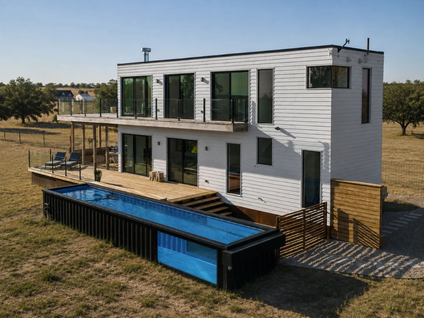 Black container lap pool with a glass end window beside a modern white ranch home