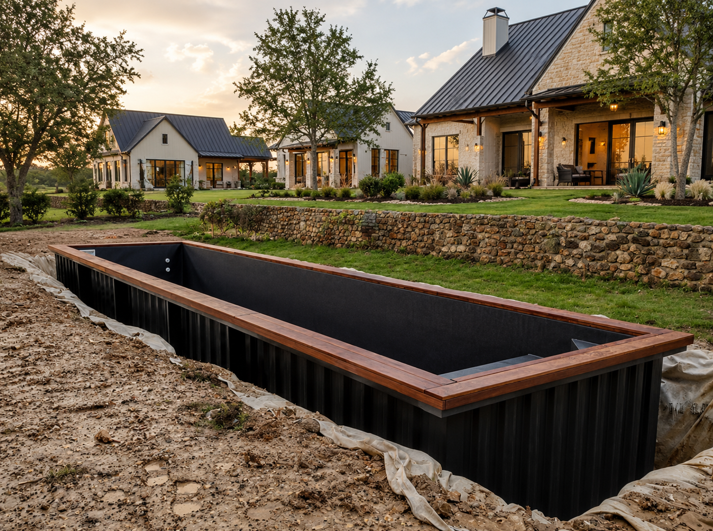 Shipping container swimming pool installed in Dripping Springs, TX with sloped rock lot, partial in-ground set, led lighting