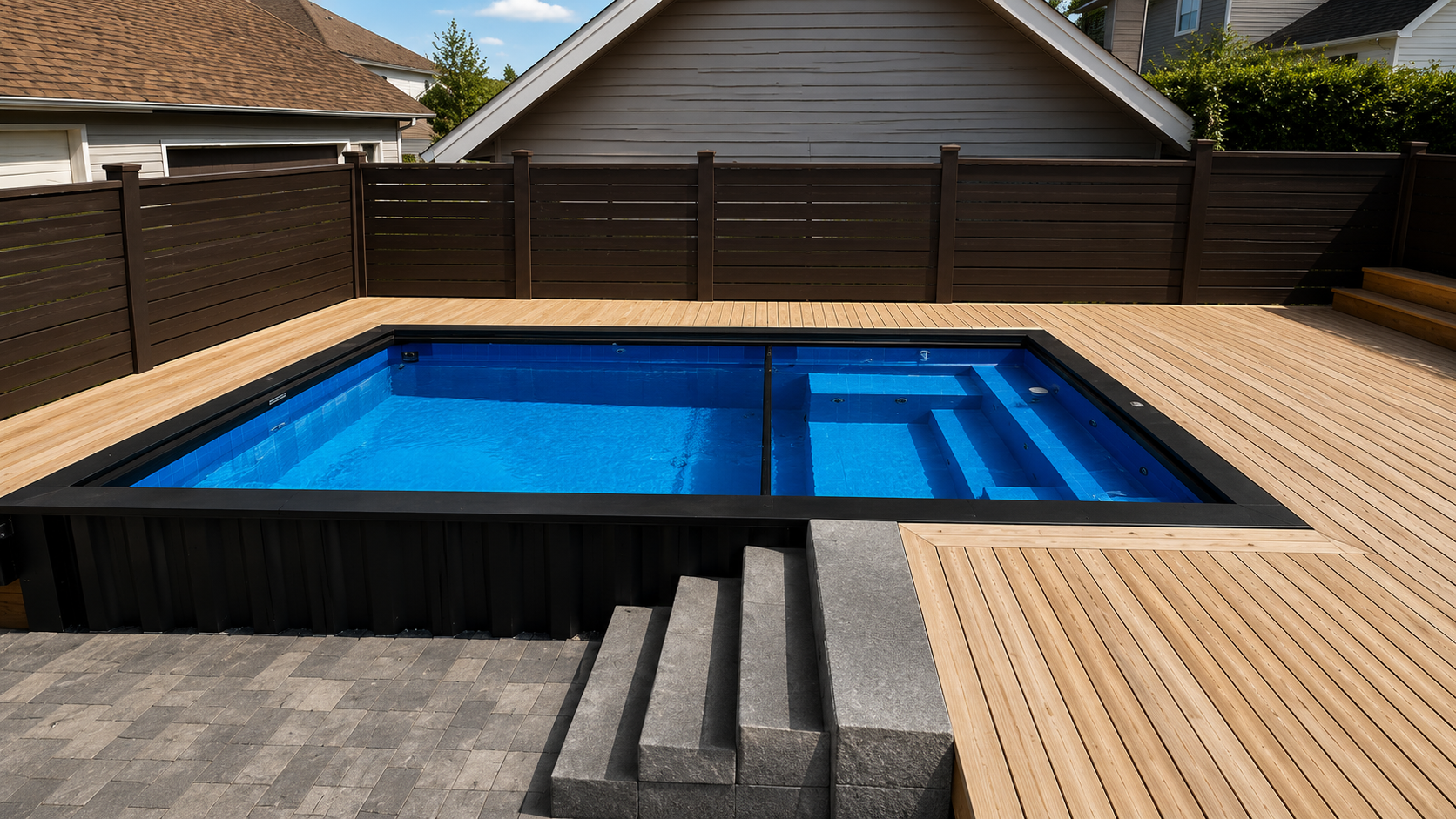 Shipping container swimming pool installed in Austin, TX with tight urban lot, crane placement over the house, heater