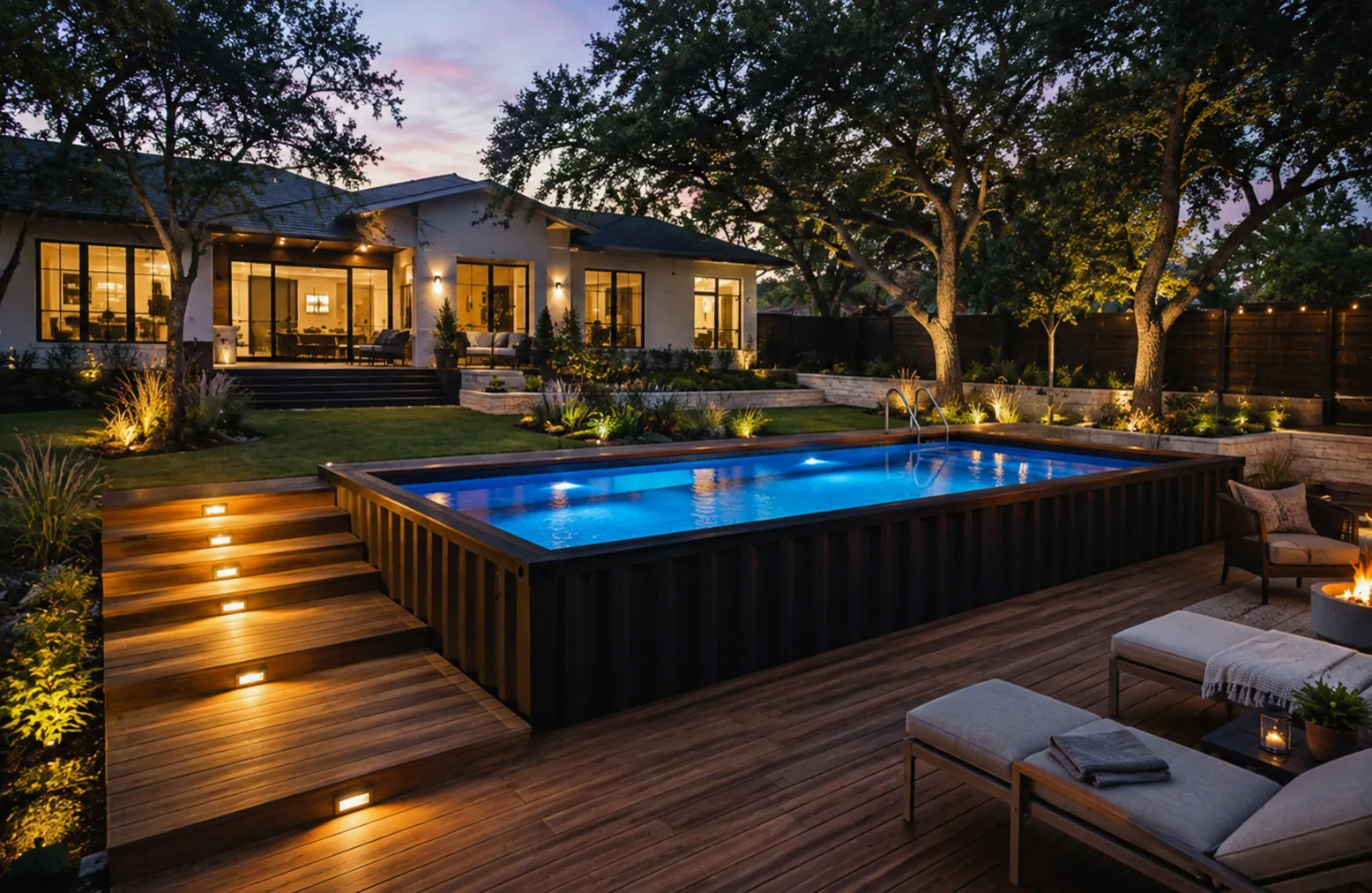 Black container pool on a hardwood deck with lit stairs and fire pit at dusk