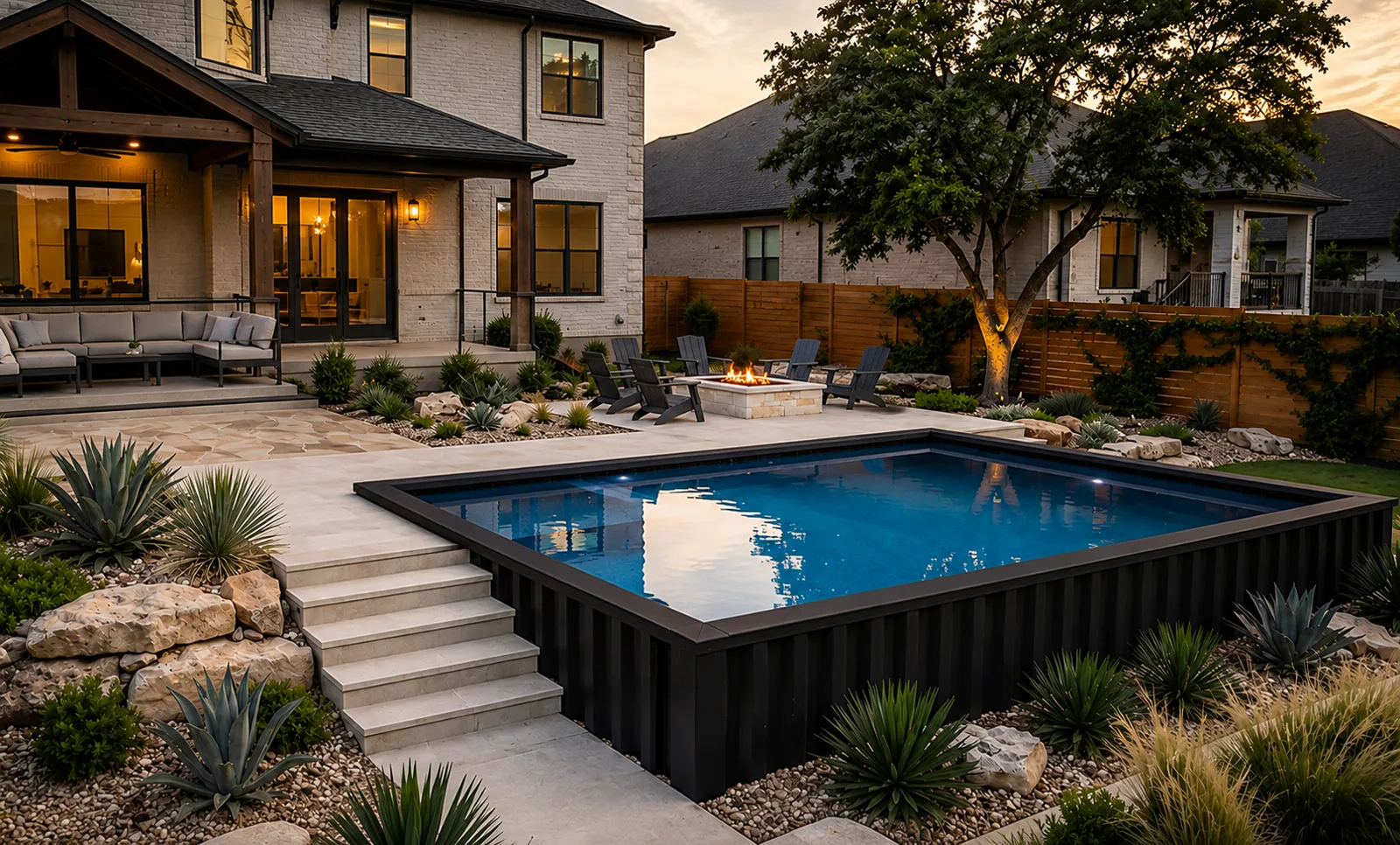 Black container pool set into a stone patio with entry steps, fire pit seating, and landscaping in a suburban Texas backyard